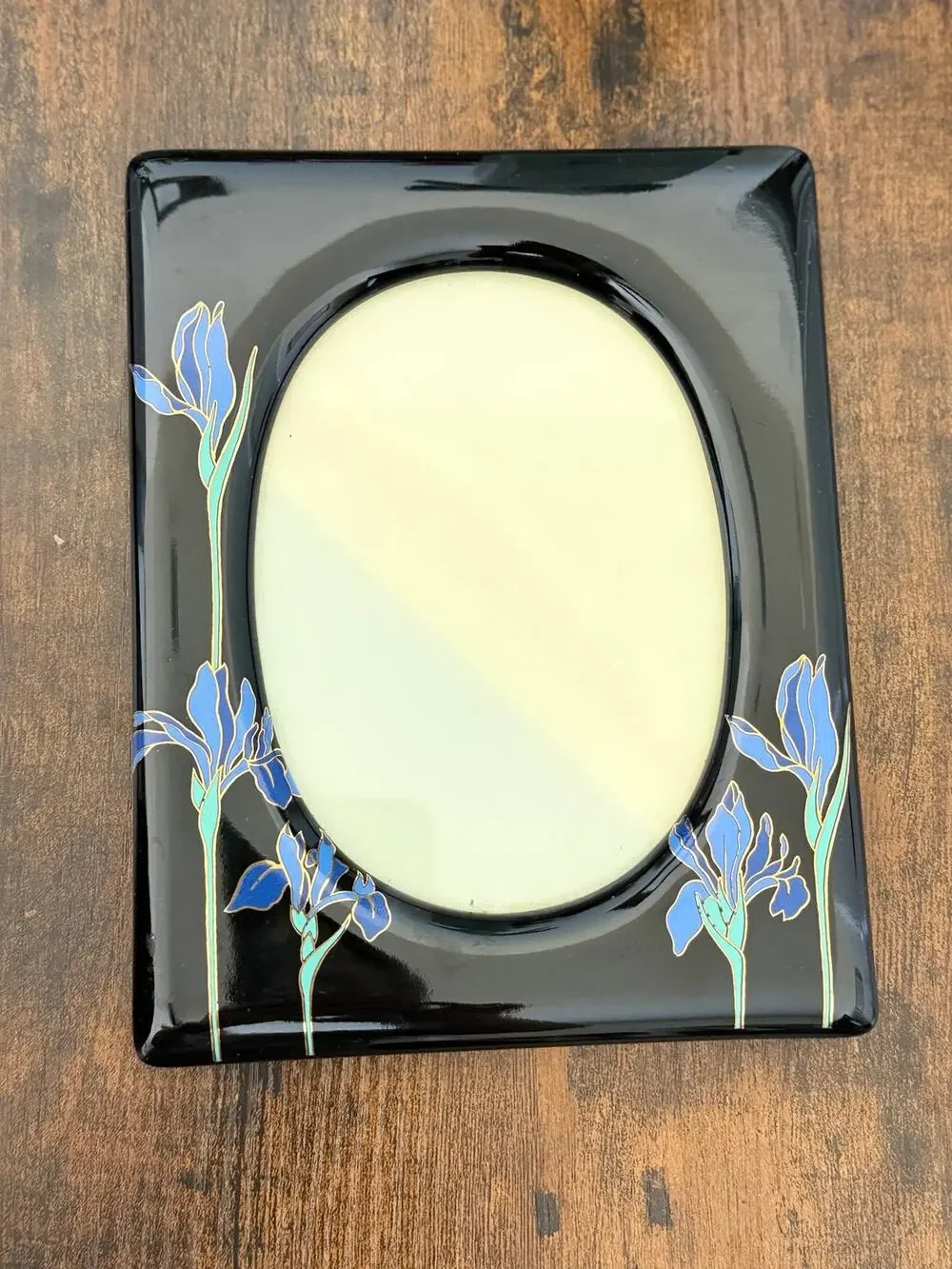 Vintage Shibata Japan Black Floral Picture Frame Blue Iris Gold Trim 5x7